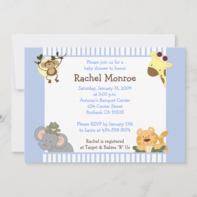 Convites Blue Boy Jungle Safari Amigos 5x7 Chá de fraldas (Frente)