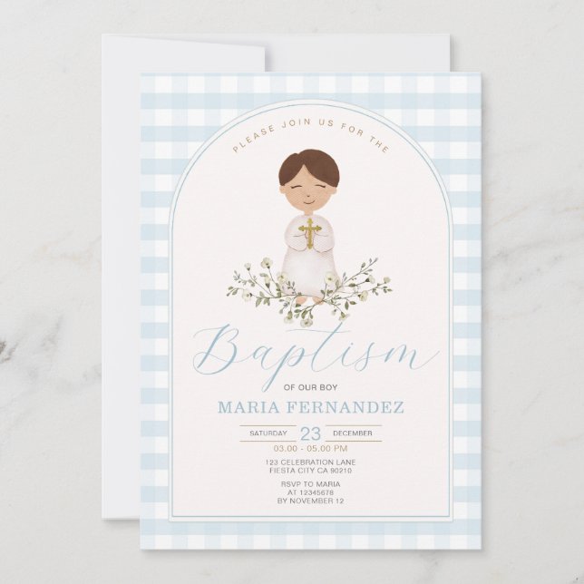 Convites Blue Boy Modern Greenery Baptism Gingham (Frente)