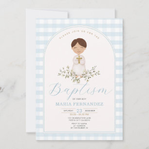 Convites Blue Boy Modern Greenery Baptism Gingham