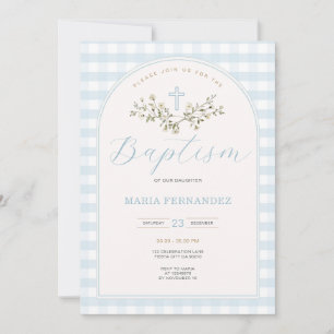 Convites Blue Boy Modern Wildflower Christening Gingham