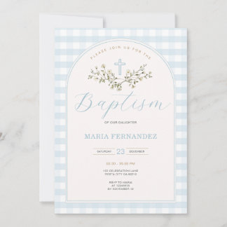 Convites Blue Boy Modern Wildflower Christening Gingham