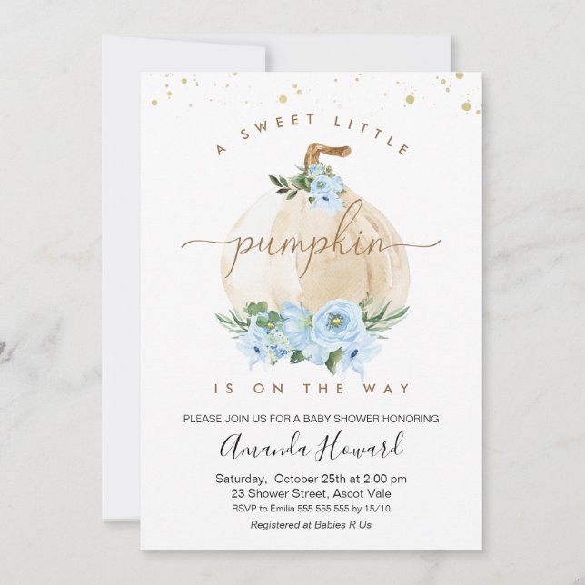 Convites Blue Boys Pequeno Chá de fraldas Floral de Abóbora (Frente)