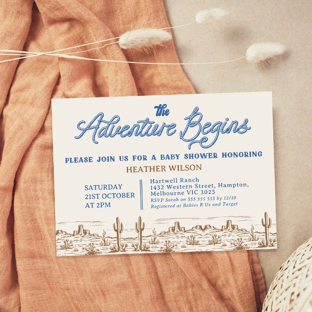 Convites Blue Boys Wilderness Adventure inicia Chá de frald (Boys Adventure Begins Baby Shower Invitation, Wilderness, Western Desert, Rodeo, Wild West Rope)