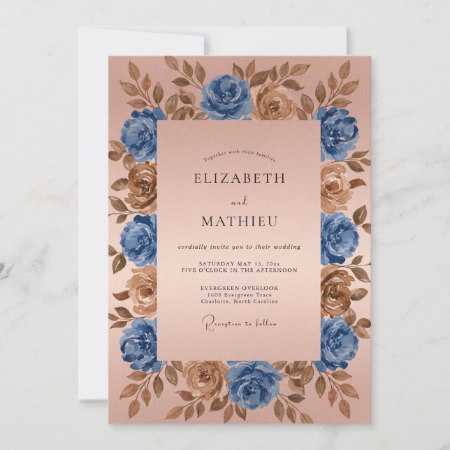 Convites Blue Bronze Floral Romantic Wedding (Frente)