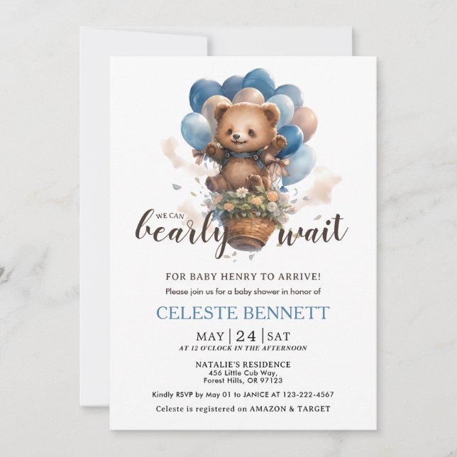 Convites Blue Brown Balloon Bear Baby Shower Invitation (Frente)