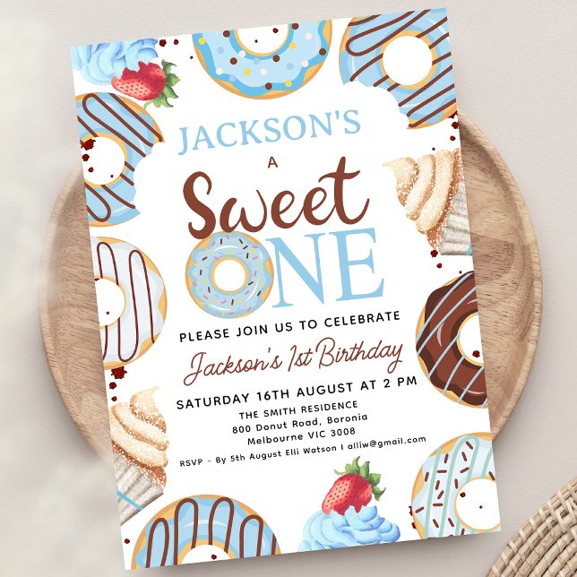 Convites Blue Brown Sweet One Rosquinha Birthday (Editable Boys Donut Sweet One Birthday Party Invitation Template. Printable Boys 1st Birthday Donut)
