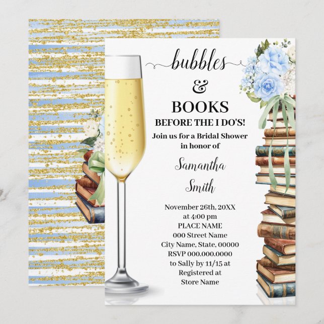 Convites Blue Bubbles & Books Before I do Bridal Shower (Frente/Verso)