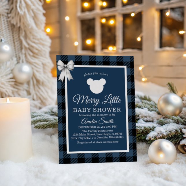 Convites Blue Buffalo Plaid Merry Little Bear Baby Shower (Criador carregado)
