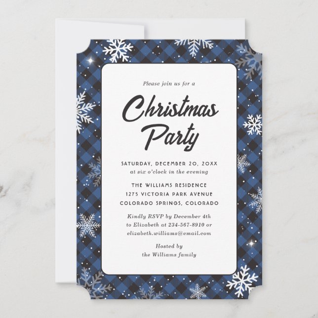 Convites Blue Buffalo Plaid Snowflake Christmas Party (Frente)