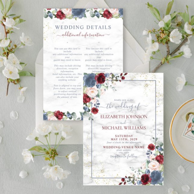 Convites Blue Burgundy Blush Gold Floral Details Wedding (Criador carregado)