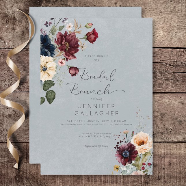 Convites Blue Burgundy e Cream Rustic Floral Bridal Brunch (Blue Burgundy & Cream Rustic Floral Bridal Brunch Invitation)
