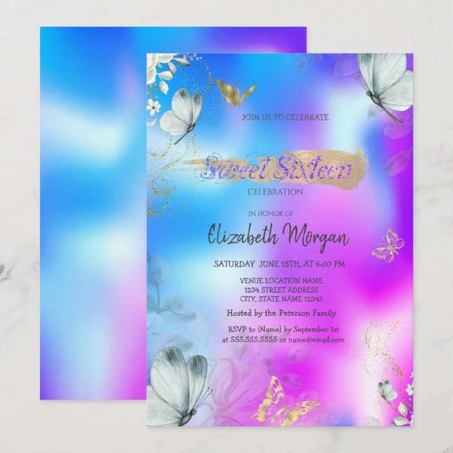 Convites Blue Butterflies Holographic Sweet 16 Birthday  (Frente/Verso)