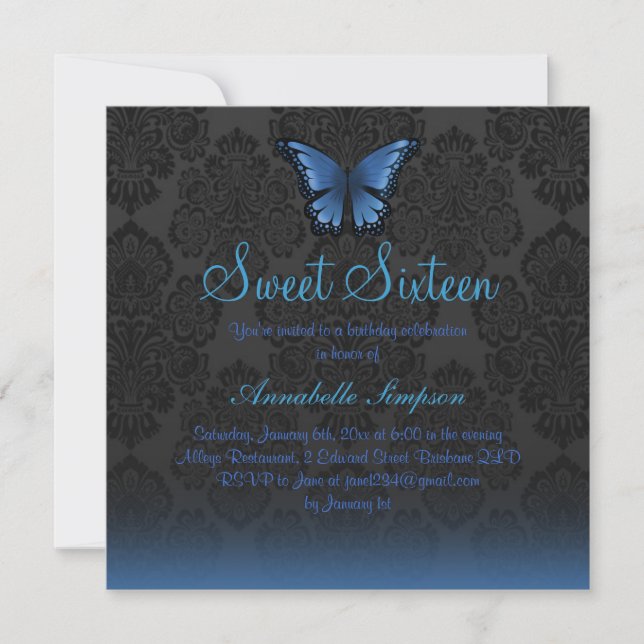 Convites Blue Butterfly & Damask Sweet16 Invite (Frente)