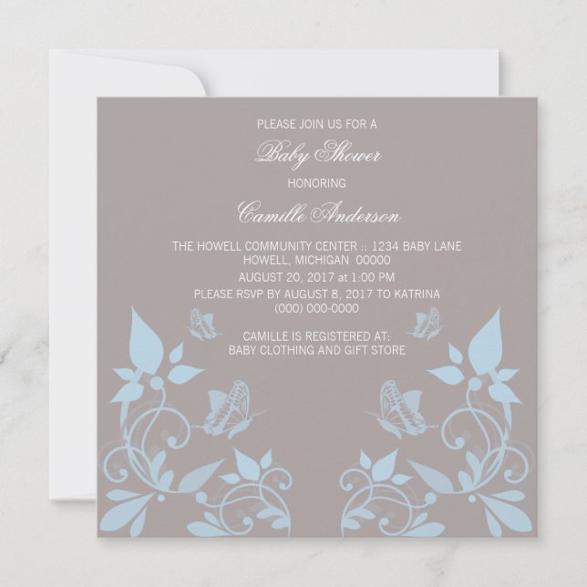 Convites Blue Butterfly Floral Chá de fraldas Invite (Frente)