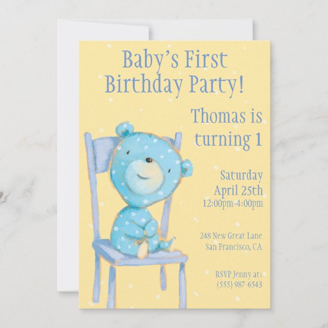Convites Blue Calico Bear Birthday (Frente)