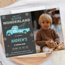 Blue caminhão Winter Wonderland Birthday Invations