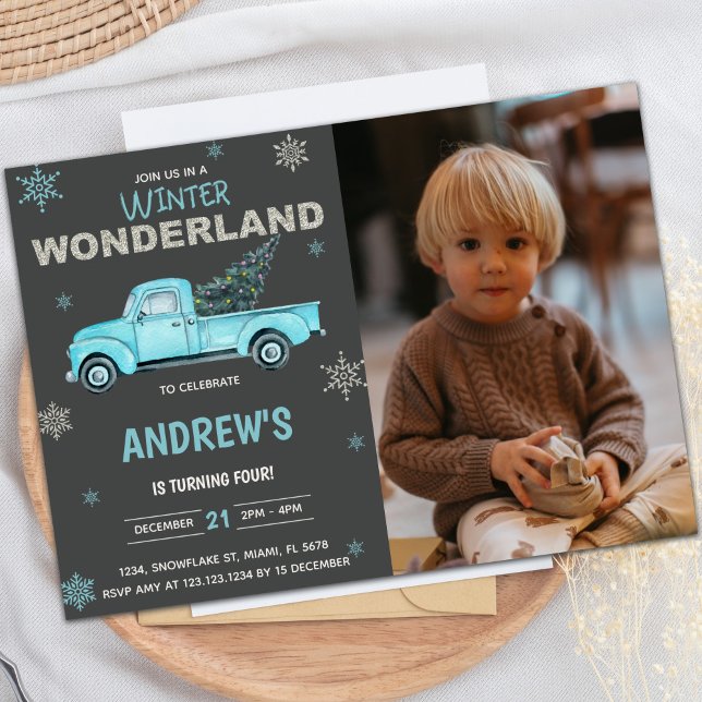 Convites Blue caminhão Winter Wonderland Birthday Invations (Blue truck Winter Wonderland Birthday Invitations)