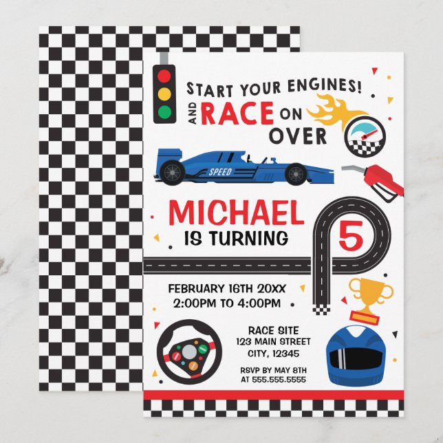 Convites Blue Car Racing  Birthday kid Invitation (Frente/Verso)