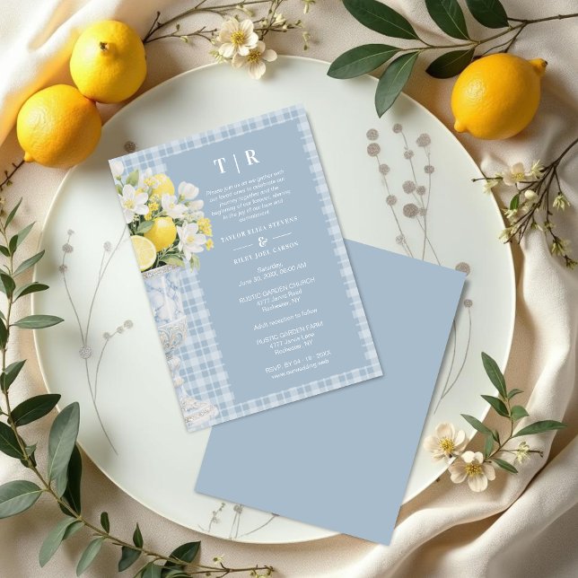 Convites Blue Chalice Vase Mediterranean Lemons & Flowers (Blue Classic Chalice Vase with Mediterranean Lemons and Flowers Invitation Card Design.)