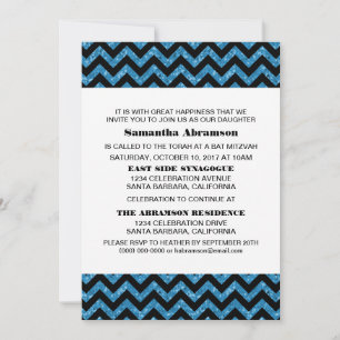 Convites Blue Chevron Glitter Bat Mitzvah Invite