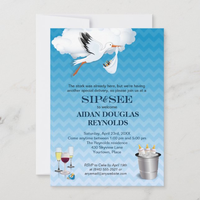 Convites Blue Chevron Stork Baby Sip and See Party (Frente)