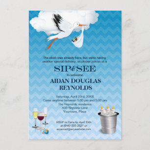Convites Blue Chevron Stork Baby Sip and See Party