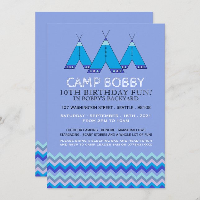 Convites Blue Chevron Tipi, Camping Birthday (Frente/Verso)