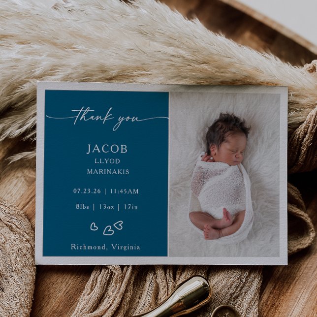 Convites Blue Chic Minimalist Photo Baby Announcement Card (Criador carregado)