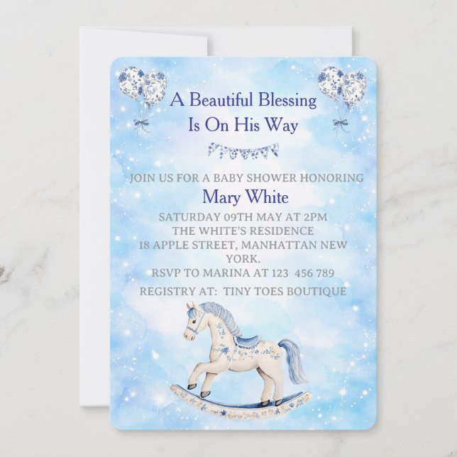 Convites Blue Chinoiserie Baby Shower Invitation (Frente)