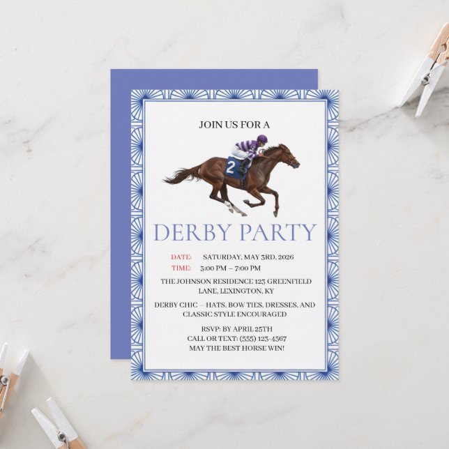 Convites Blue Chinoiserie Horse Race Derby Party Invite (Frente/Verso In Situ)