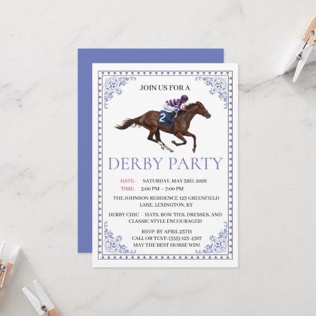 Convites Blue Chinoiserie Horse Race Derby Party Invite (Frente/Verso In Situ)