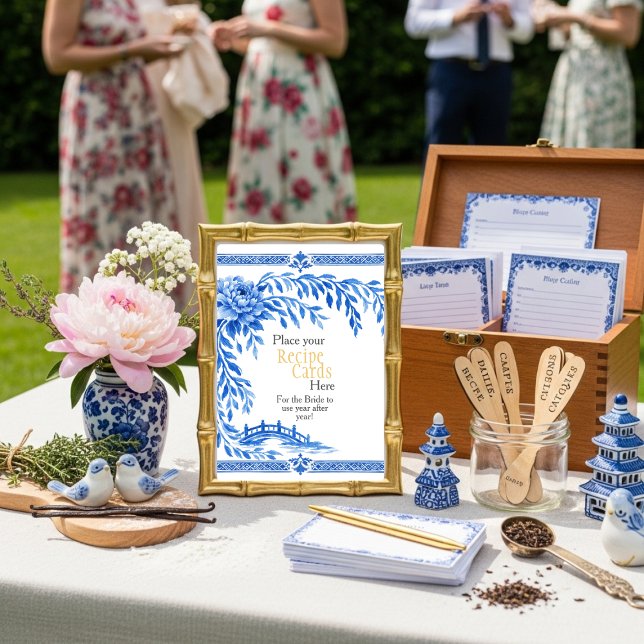 Convites Blue Chinoiserie Recipe Cards Here Sign (Blue Chinoiserie Recipe Cards Here Sign)
