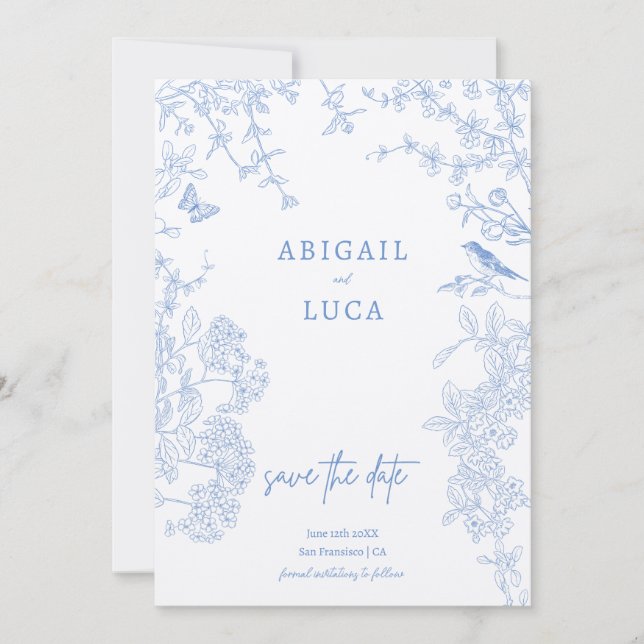 Convites Blue Chinoiserie Toile de Jouy Casamento Salvament (Frente)