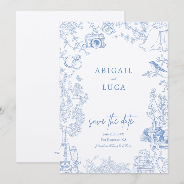 Convites Blue Chinoiserie Toile de Jouy Data de Salvamento  (Frente/Verso)