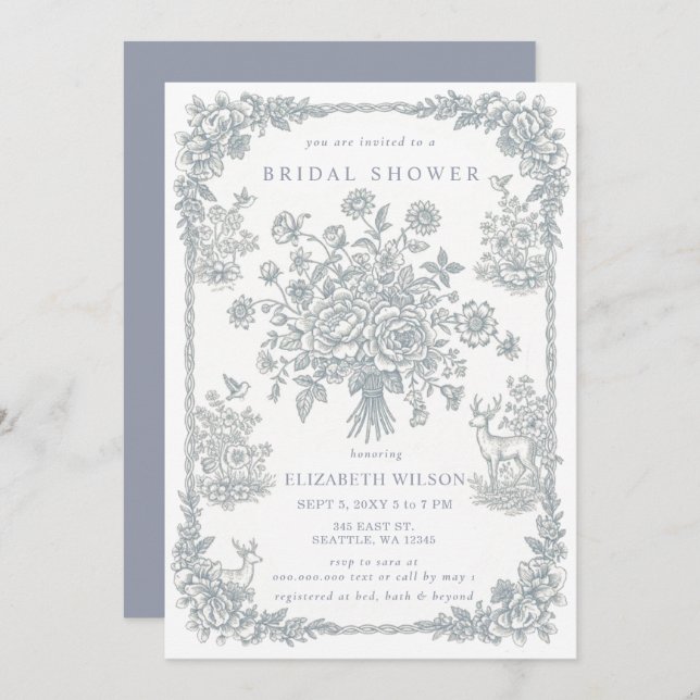 Convites Blue Chinoiserie Toile Floral Bridal Shower (Frente/Verso)