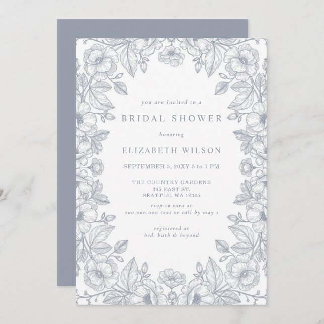 Convites Blue Chinoiserie Toile Floral Bridal Shower (Frente/Verso)