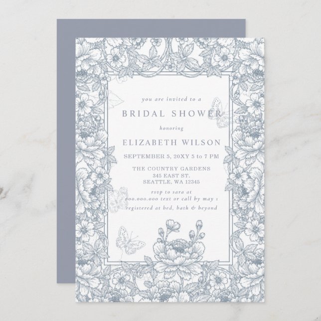 Convites Blue Chinoiserie Toile Floral Bridal Shower (Frente/Verso)