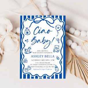 Convites Blue Ciao Baby Whimsic Chá de fraldas Italiano