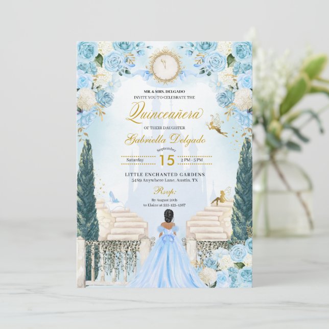 Convites Blue Cinderella Princess Fairy Quinceanera (Em pé/Frente)