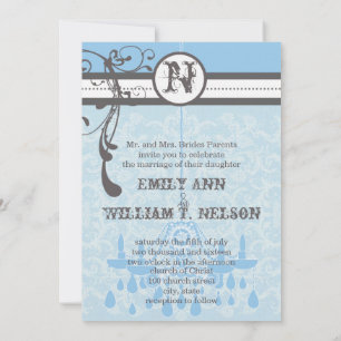 Convites Blue & Cinza Vintage Chandelier Damask Your Photo