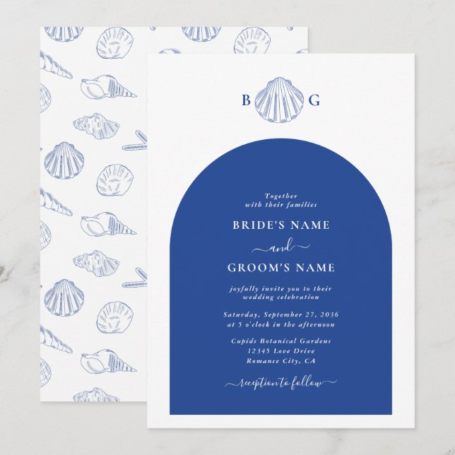 Convites Blue Clam Seashells Coastal Seaside Beach Wedding (Frente/Verso)