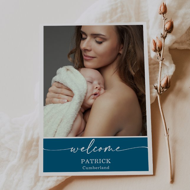 Convites  Blue Classic Welcome Baby Photo Announcement Card (Criador carregado)
