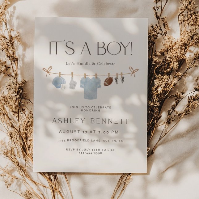 Convites Blue Clothesline It’s a Boy Football Baby Shower (Criador carregado)