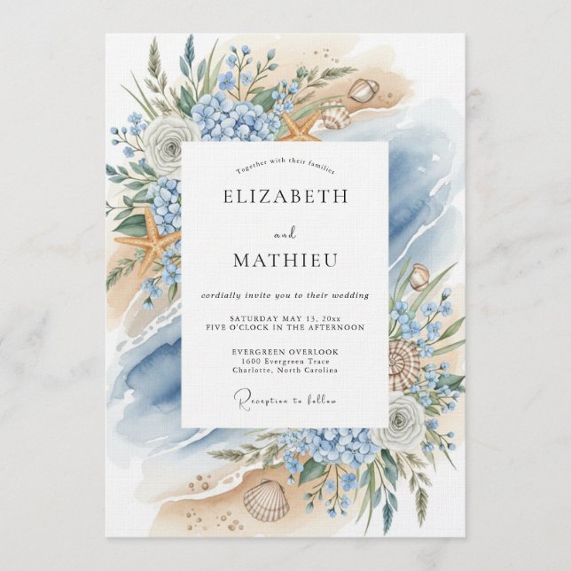 Convites Blue Coastal Bloom Beach Wedding (Frente)