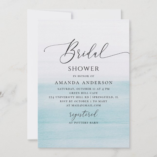 Convites Blue Coastal Bridal Shower | Watercolor Beach (Frente)