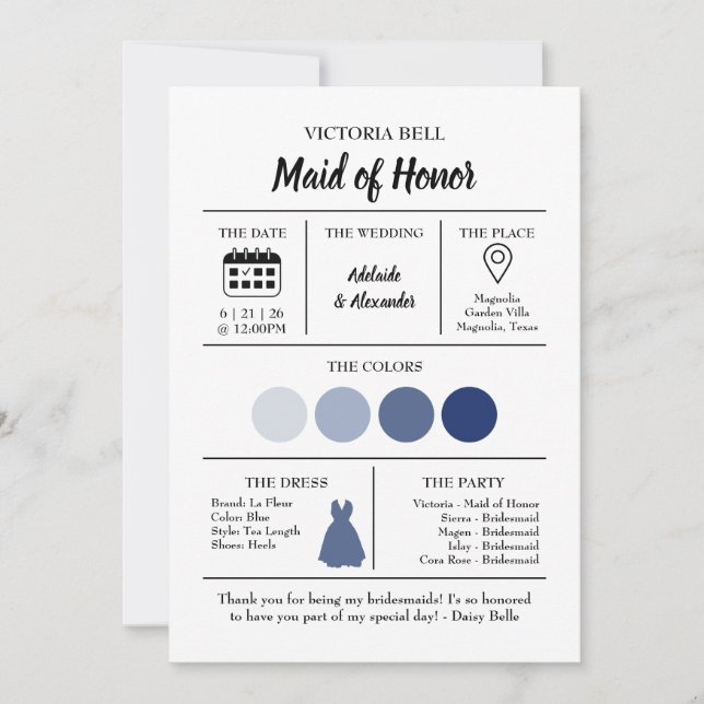 Convites Blue Coastal Bridesmaid Information Card (Frente)