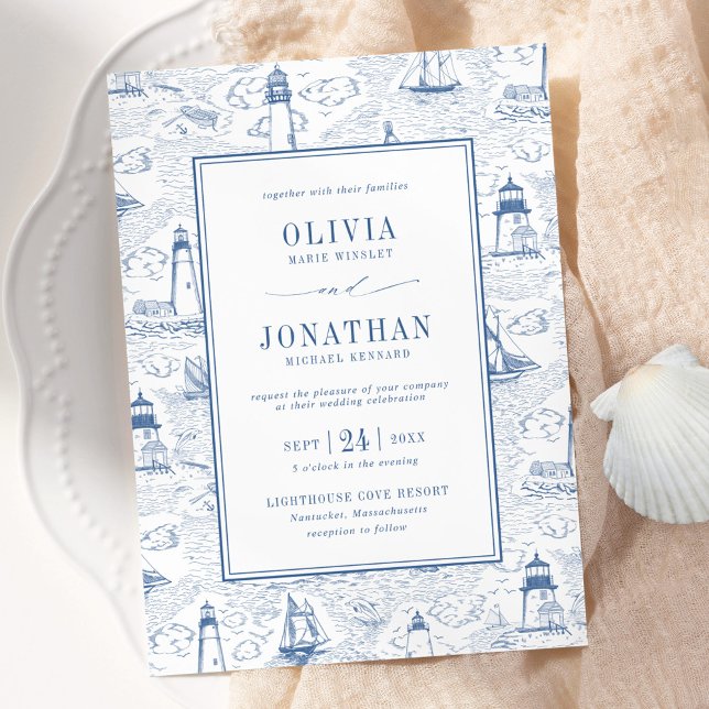 Convites Blue Coastal Chic Lighthouse Toile Wedding (Criador carregado)