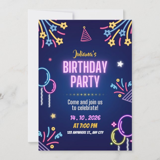 Convites Blue Colorful Neon Birthday Party Invitation (Frente)