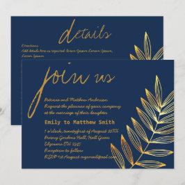 Convites Blue Copper Leaf Wedation Convocação Moderna Mínim
