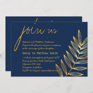 Convites Blue Copper Leaf Wedation Convocação Moderna Mínim